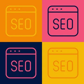 Pop art line SEO optimization icon isolated on color background.  Vector Illustrazione stock