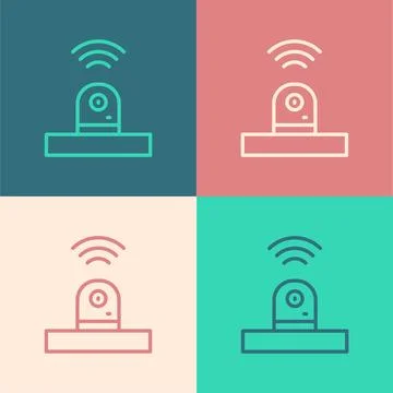 Pop art line Smart security camera icon isolated on color background. Internet Stock Illustration