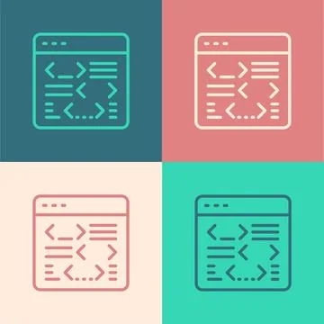 Pop art line Software, web developer programming code icon isolated on color Stock Illustration