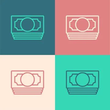 Pop art line Stacks paper money cash icon isolated on color background. Mon.. 스톡 일러스트