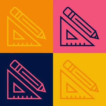 Pop art line Triangular ruler and pencil icon isolated on color background Illustrazione stock