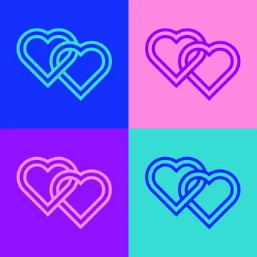 Pop art line Two Linked Hearts icon isolated on color background. Romantic Stock Illustration
