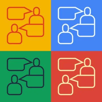 Pop art line Two sitting men talking icon isolated on color background. Speech Stock Illustration