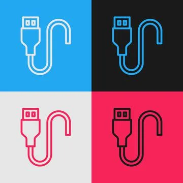 Pop art line USB cable cord icon isolated on color background. Connectors and Illustrazione stock