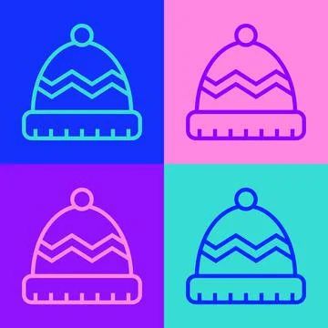 Pop art line Winter hat icon isolated on color background. Vector Stock Illustration