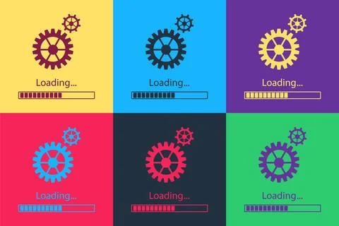 Pop art Loading and gear icon isolated on color background. Progress bar icon Illustrazione stock