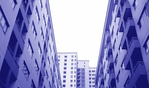 Pop Art of Low Angle View of Modern High Buildings in Gradient Blue Color Fotos de archivo