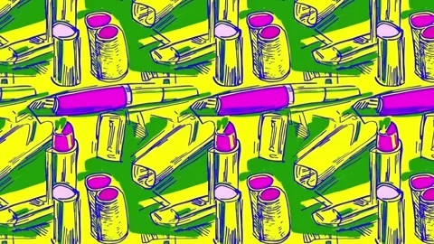 Pop art makeup tools on street art canvas – Horizontal motion Stock Footage 308173920