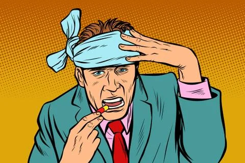 Pop art man with headache takes a pills Stock Illustration