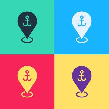 Pop art Map pointer with anchor icon isolated on color background. Vector Stock Illustration