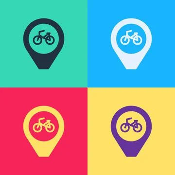 Pop art Map pointer with bicycle icon isolated on color background. Vector 스톡 일러스트