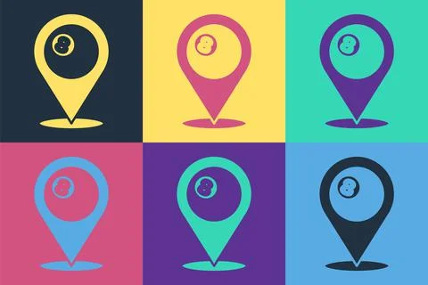 Pop art Map pointer with billiard pool snooker ball with number 8 icon isolated Stock Illustration