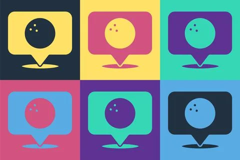 Pop art Map pointer with bowling ball icon isolated on color background. Sport Stock Illustration