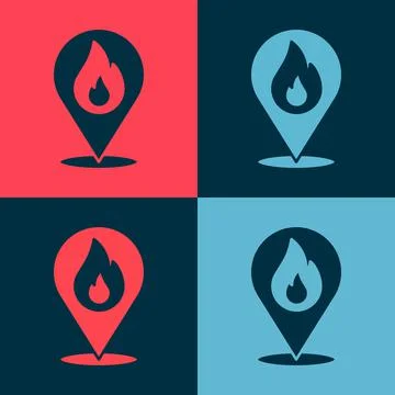 Pop art Map pointer with fire flame icon isolated on color background. Fire Stockillustratie