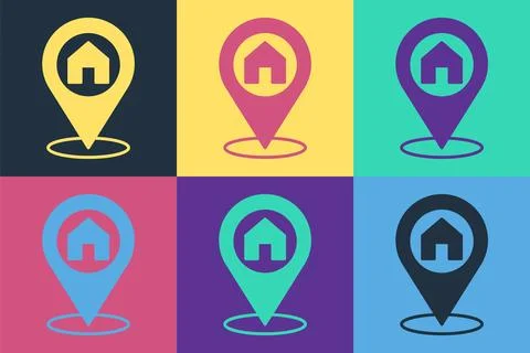 Pop art Map pointer with house icon isolated on color background. Home loca.. Stockillustratie