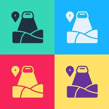 Pop art Map pointer with mountain icon isolated on color background. Mountains 스톡 일러스트