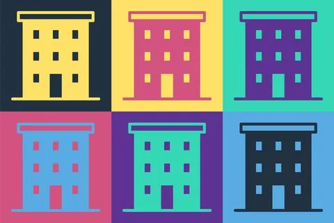 Pop art Multi storey building icon isolated on color background.  Vector Ilustración de archivo