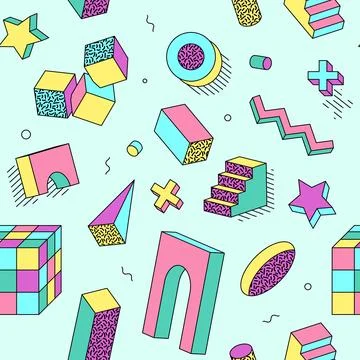 Pop art pattern, 80s elements. Trendy fashion background with stairs and neon Stock Illustration