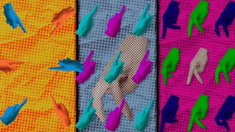 Pop Art Pattern with Colorful Pointing Hands and Silhouettes on Bright Stock Footage 278461583