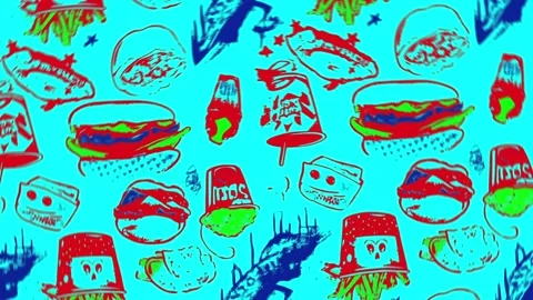 Pop-art pattern of vintage fast food — Rotation motion Stock Footage 307949349