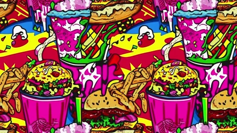 Pop-art pattern of vintage fast food — Diagonal motion Stock-Footage 307951999