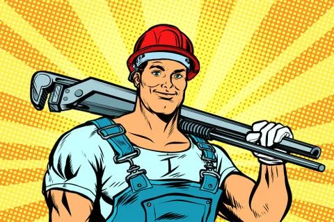 Pop art plumber worker with adjustable wrench Illustrazione stock