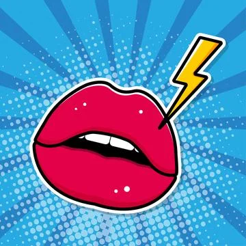 Pop art poster. Lips and yellow lightning. Vector illustration Stock Illustration