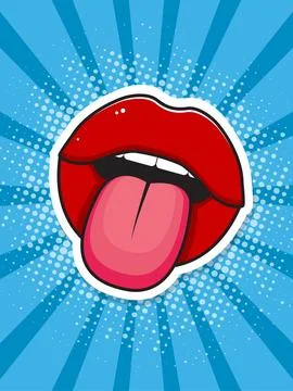 Pop art poster. Red lips and tongue. Vector illustration Illustrazione stock
