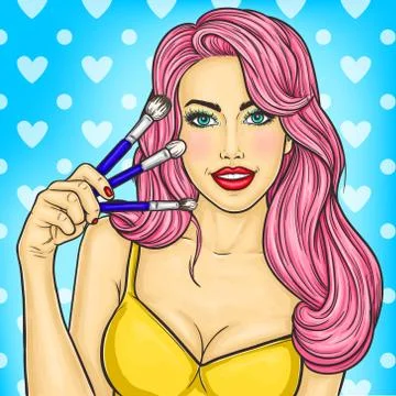 Pop art pretty girl holding a brush for make-up Stock Illustration