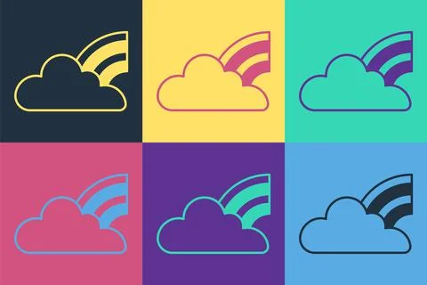Pop art Rainbow with clouds icon isolated on color background. Vector Illustrazione stock
