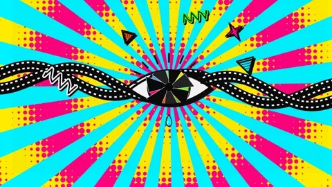 Pop Art Retro Camera Shutter Eye With Film Strips And Halftone Sunburst 스톡 동영상 341174214
