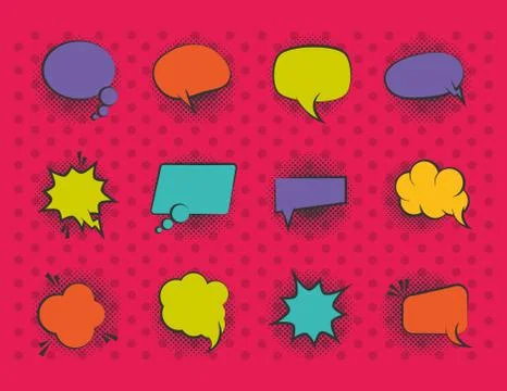 Pop art retro comic empty speech bubbles, halftone style flat icons set red Illustrazione stock
