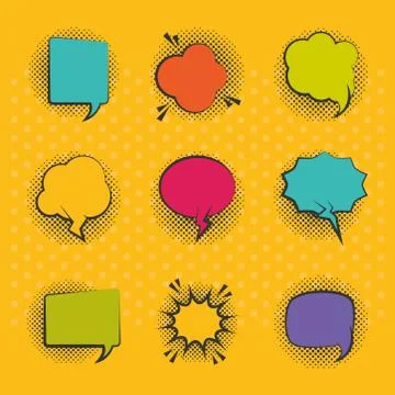 Pop art retro comic empty speech bubbles, yellow background halftone style flat Stock Illustration