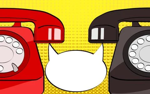 Pop art retro comic style red and black old phones on bright dot background a Stock Illustration
