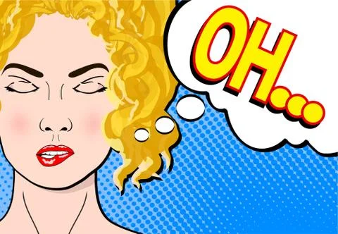 Pop art retro comic style blond woman with close eyes dreaming and word Oh in Stock Illustration