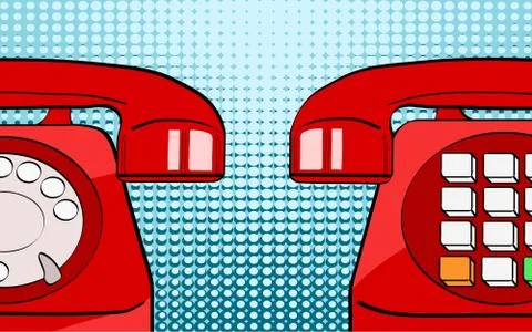 Pop art retro comic style two red old phones on bright dot background for you Stock Illustration
