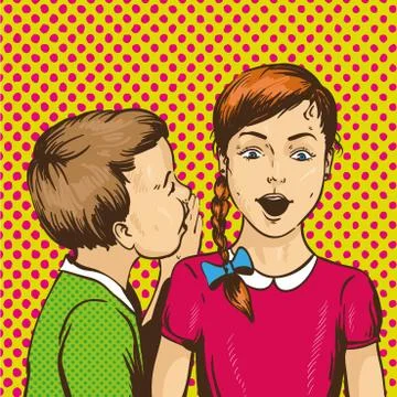 Pop art retro comic vector illustration. Kid whispering gossip or secret to h Stock Illustration