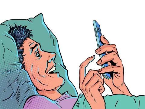 Pop Art Retro A man in bed staring at his phone. Technology and internet Stock Illustration