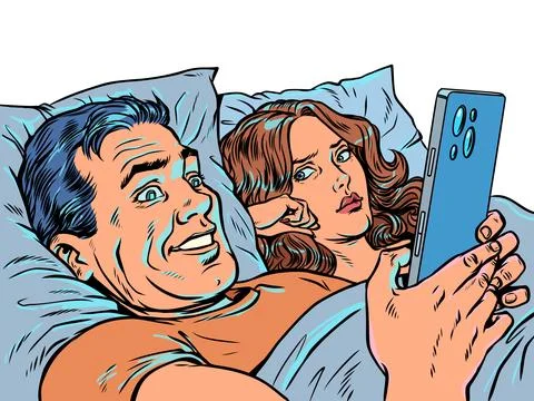 Pop Art Retro A man in bed with his wife looking at his phone. Relationship Ilustração Stock