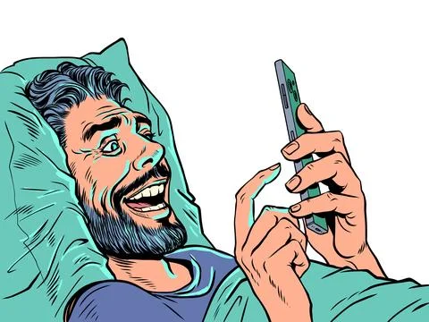 Pop Art Retro A man in bed staring at his phone. Technology and internet Stock Illustration