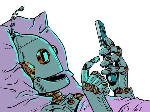 Pop Art Retro A robot in bed staring at a phone screen. The issue of personal Stock Illustration