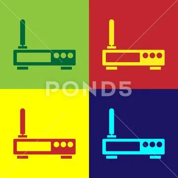 Pop art Router and wi-fi signal icon isolated on color background ...