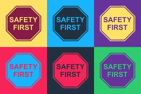 Pop art Safety First octagonal shape icon isolated on color background. Vector Stock Illustration