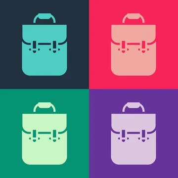 Pop art School backpack icon isolated on color background. Vector Illustrazione stock