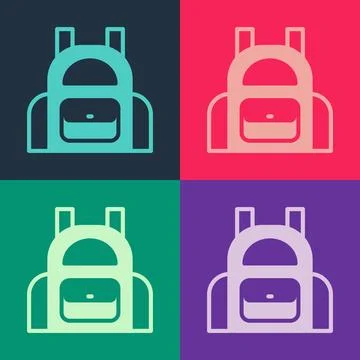 Pop art School backpack icon isolated on color background.  Vector Illustrazione stock