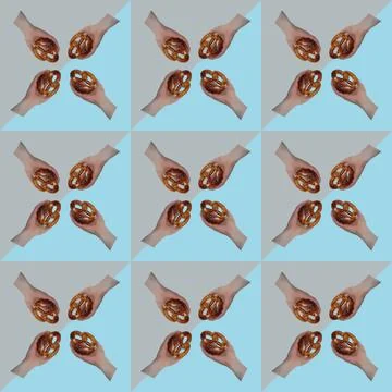 Pop art seamless pattern, beautiful freshly baked pretzel, German national di 스톡 사진