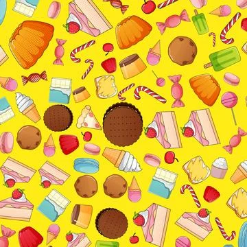 Pop Art Seamless Pattern with Colorful Sweets and Dessert Vector Illustration Stockillustratie