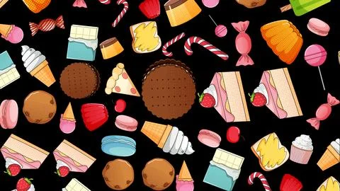 Pop Art Seamless Pattern of Colorful Sweets and Desserts イラスト素材
