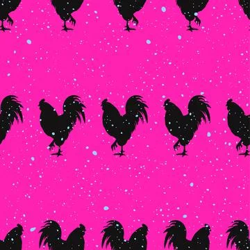 Pop art seamless pattern with dots acid and rooster silhouette seamless pattern Stock Illustration