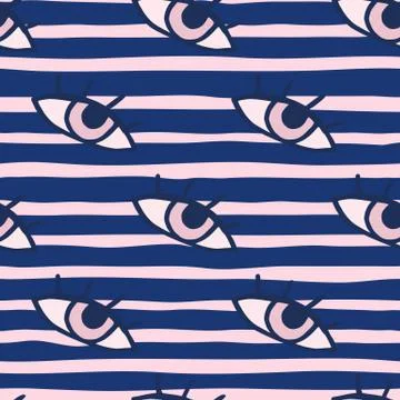Pop art seamless pattern with eyes. Pink and blue stripped background. Bright Illustrazione stock